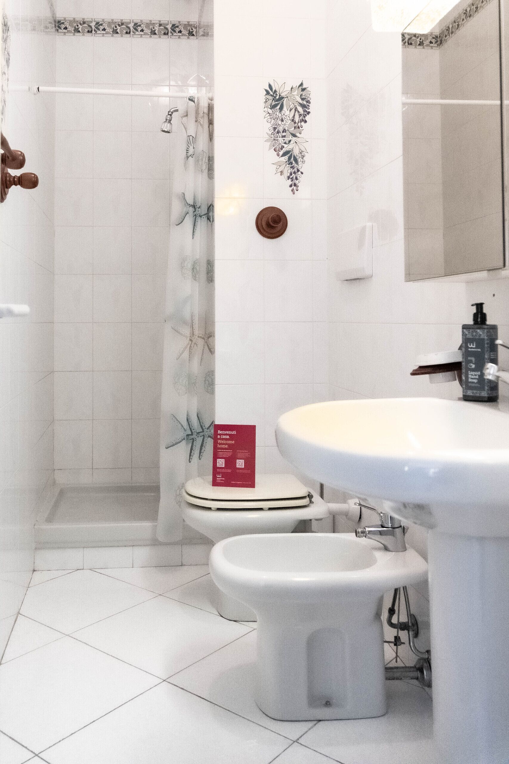 Hair dryer, bidet, towels, soap