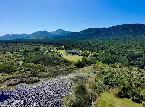 A rural landscape with a house surrounded by dense forest and mountains in the background.
