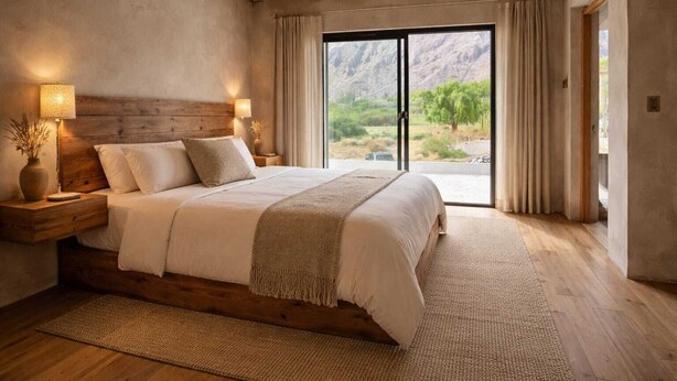 Un dormitorio con una cama grande, cabecera de madera, lámparas de noche y vistas a un paisaje montañoso a través de una puerta corredera.