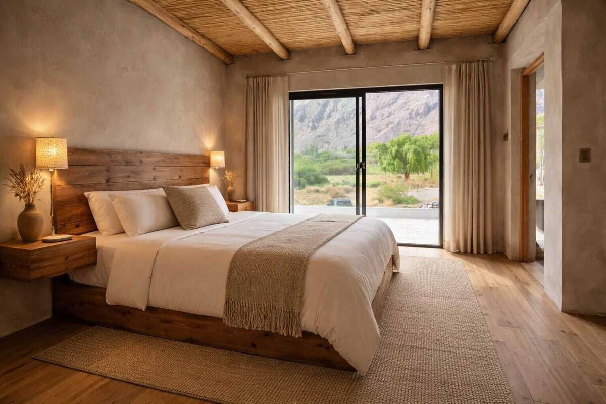 Un dormitorio con una cama grande, cabecera de madera, lámparas de noche y vistas a un paisaje montañoso a través de una puerta corredera.