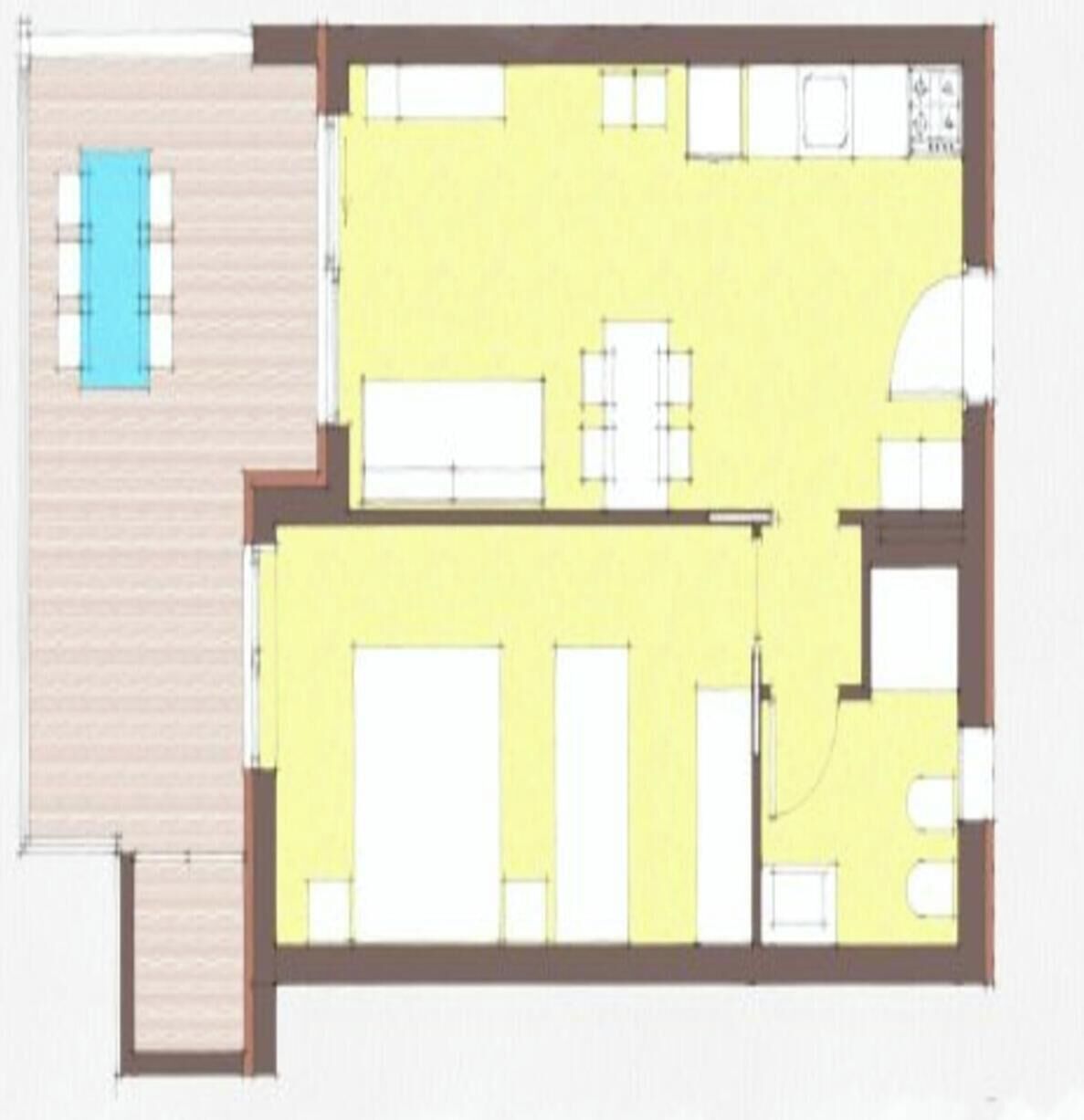 A floor plan with a swimming pool, a kitchen, a dining area, and a living room.