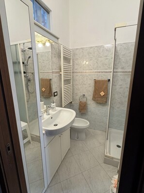Een badkamer met een wastafel, bidet en douchecabine met glazen wanden.