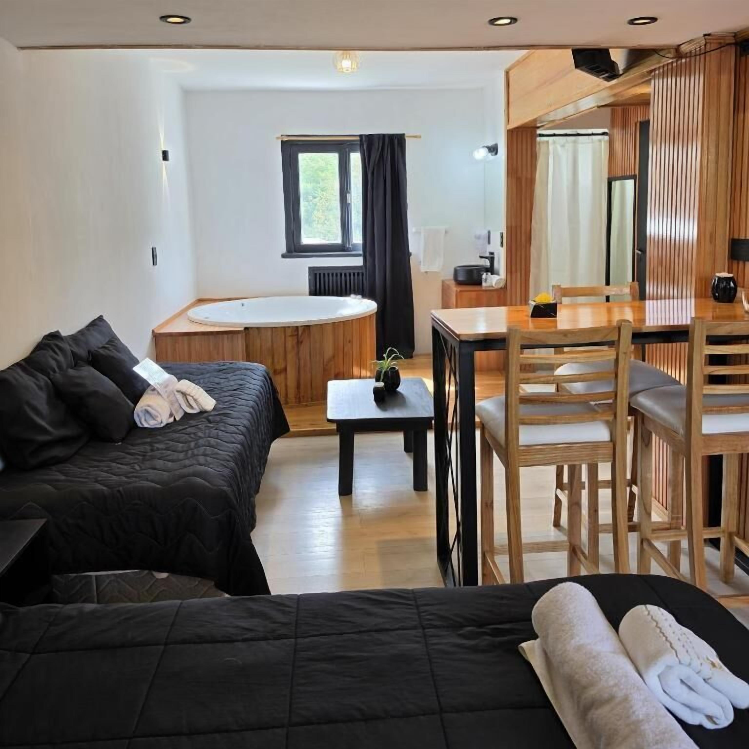 Una habitación con una cama, una mesa de comedor, sillas, una mesita con una planta y un ventanal.