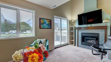Smart TV, fireplace, books
