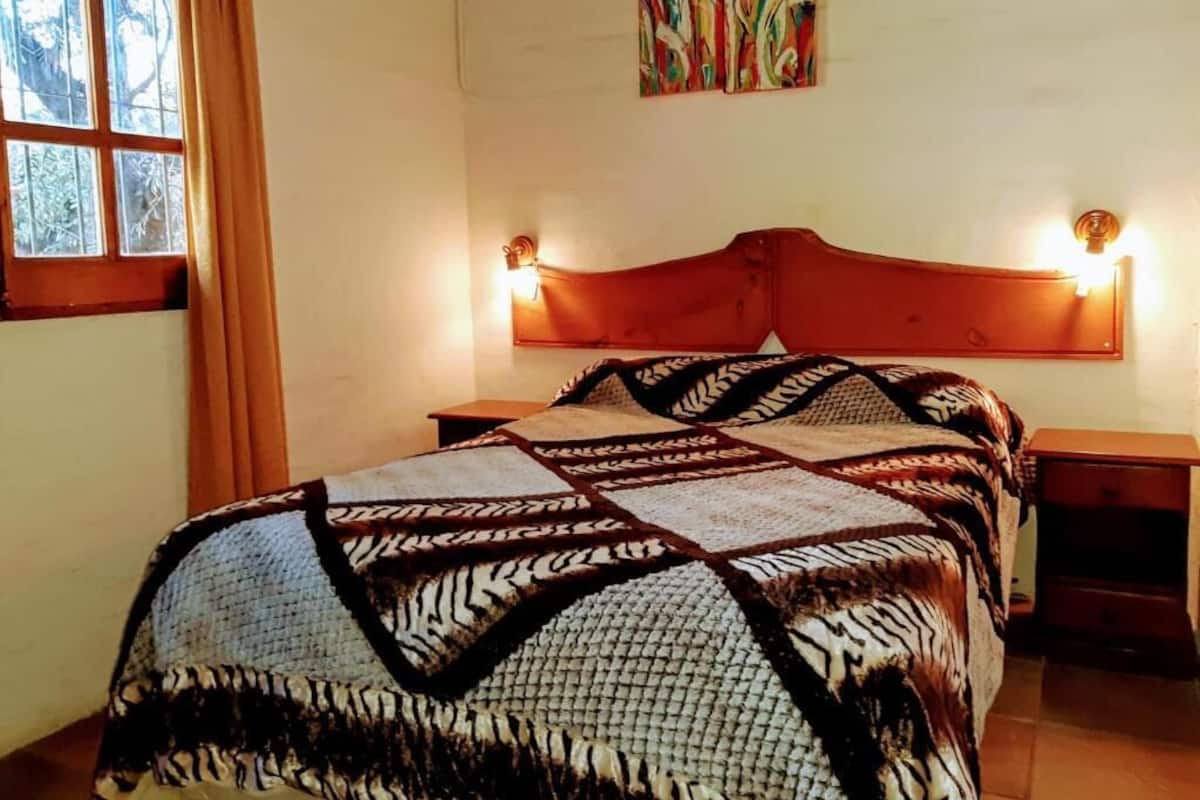 Un dormitorio con cama, cabecera con luces empotradas, ventana con cortinas y un cuadro en la pared.