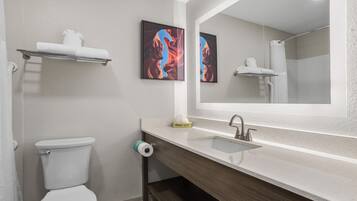 A modern bathroom with a toilet, sink, and mirror.