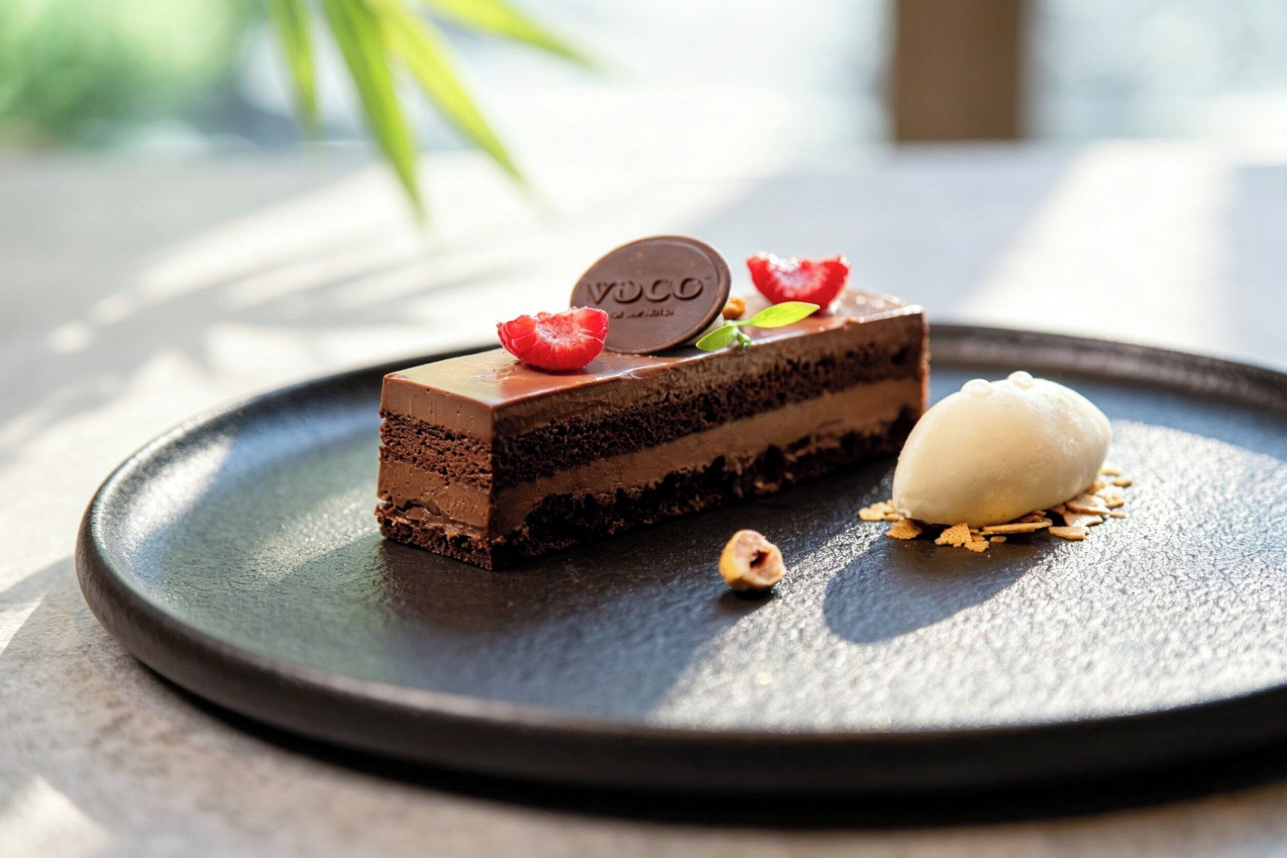 A dessert on a plate with a chocolate piece and strawberries.