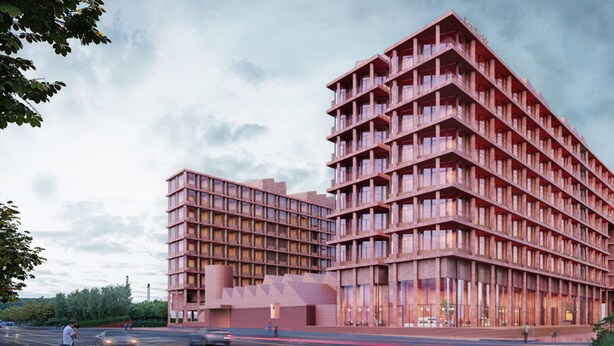 A modern hotel with a unique brick facade, multiple balconies, and a spacious entrance area. - Hotel Indigo Jingdezhen Taoxichuan By Ihg (Jingdezhen)