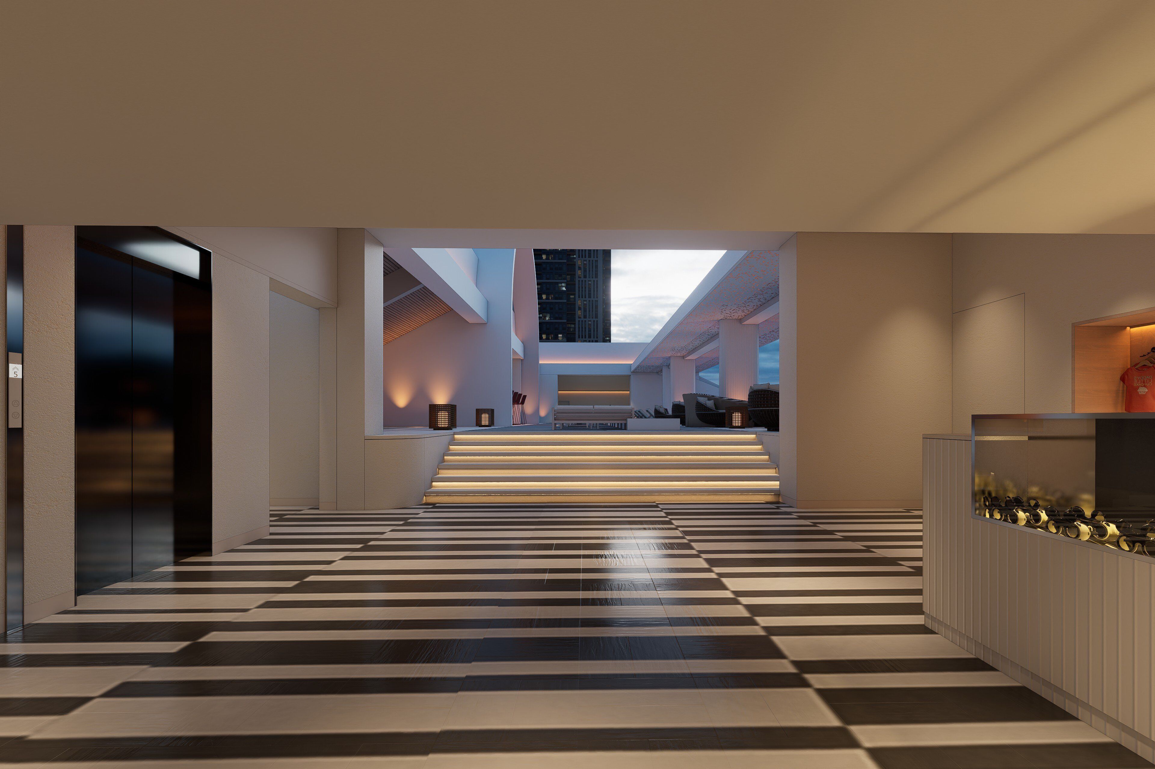 A modern hotel lobby with a checkered floor, a staircase leading to a balcony, and a seating area with tables and chairs.