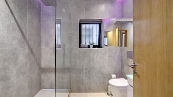 Shower, hair dryer, towels