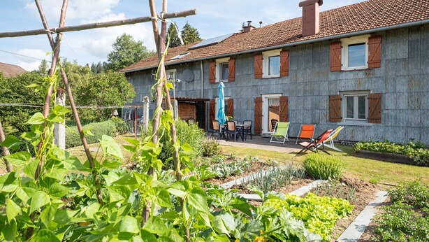 A two-story house with a garden, outdoor seating, and a clear sky.