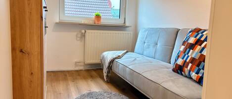 Una habitación con un armario de madera, un sofá gris con un plaid estampado, una pequeña planta en maceta en el alféizar de la ventana y una alfombra redonda en el suelo.