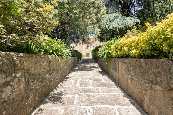 A stone pathway leading to a building surrounded by lush greenery.