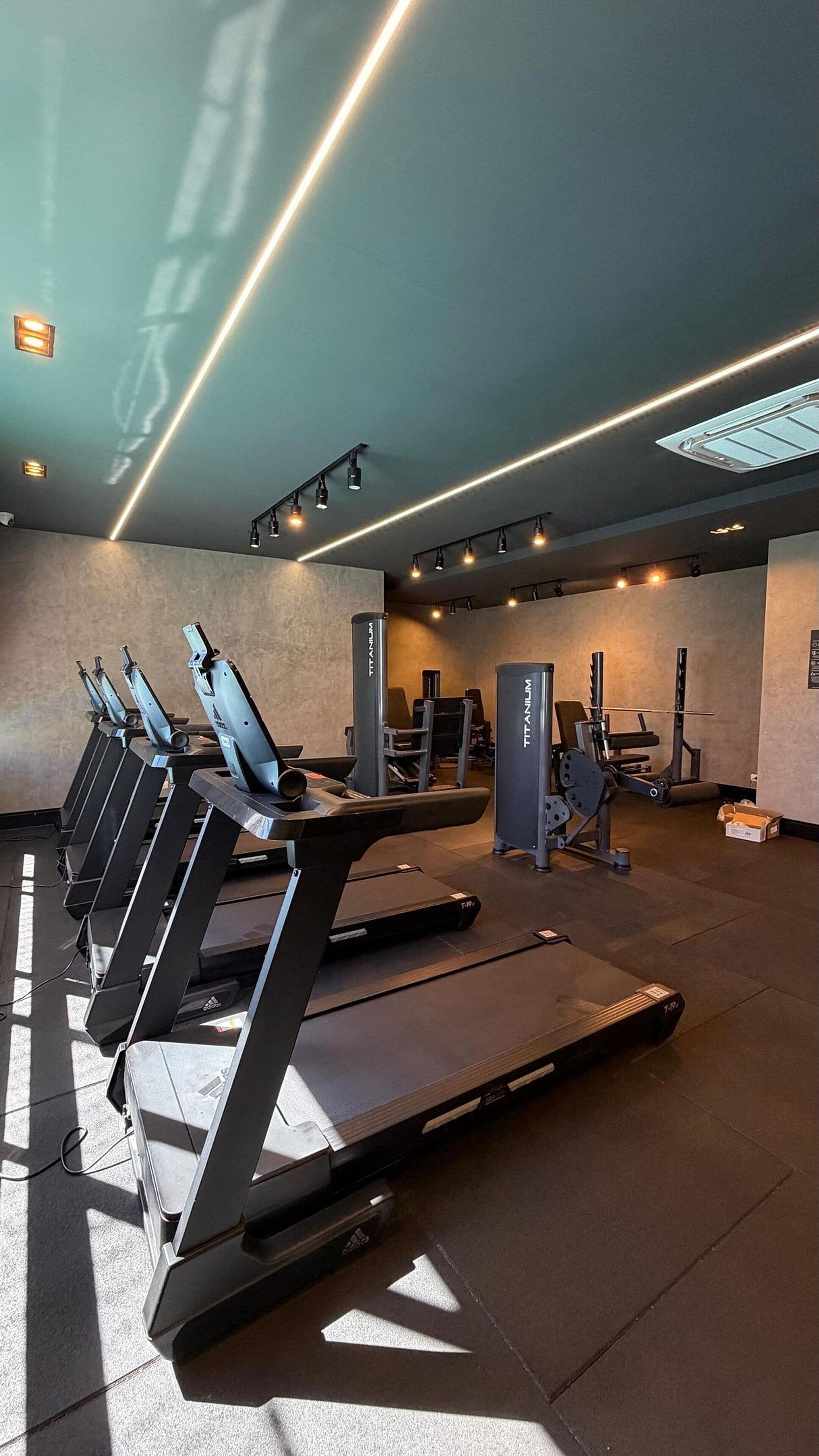 A gym with treadmills, weight machines, and a ceiling with linear lighting.