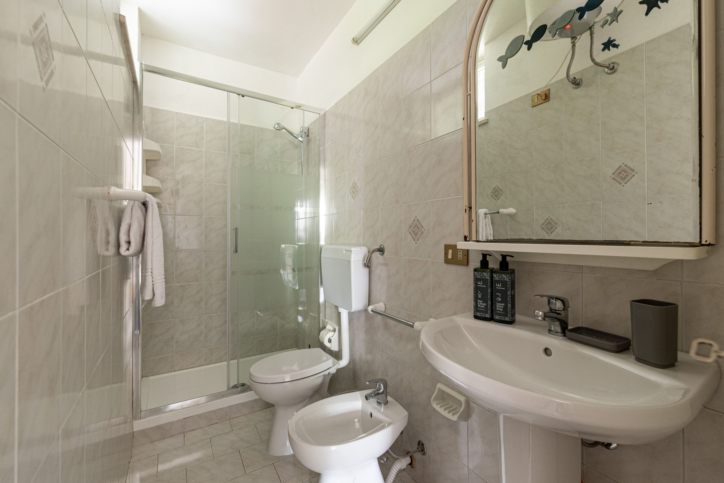 Et badeværelse med en glasafskærmet brusekabine, toilet, bidet og håndvask med spejl over.