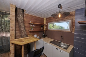 Frigorífico, microondas, placa de cocina y cafetera o tetera