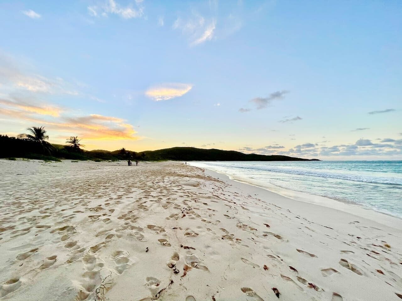 Une plage parsemée d'empreintes, une eau calme et un ciel dégagé.