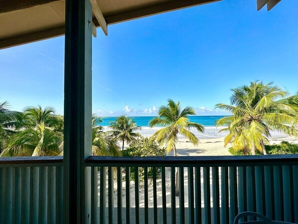 A beach view from a balcony with palm trees and a clear sky.