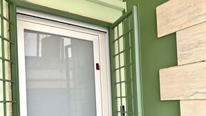Una stanza con una parete verde, una porta bianca con un pannello in vetro satinato e una finestra con cornice verde.