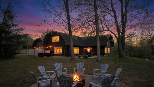 Eine Lodge mit Feuerstelle und Adirondack-Stühlen im Garten.