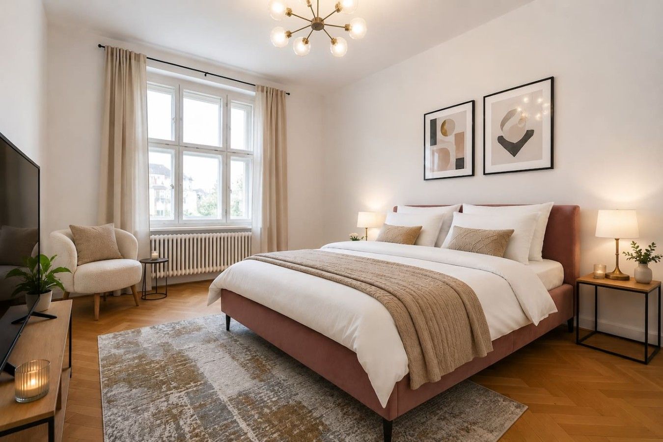 A modern bedroom with a large bed, bedside tables, a chair, and a TV.