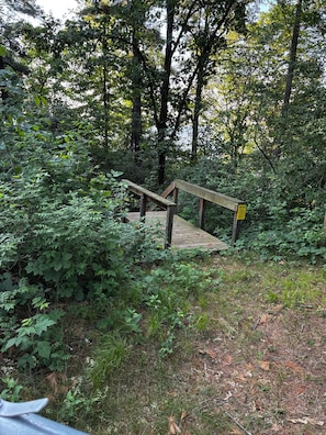 A wooden bridge in a forested area with dense foliage and trees.