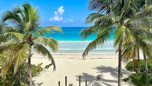 A beach with palm trees and a clear view of the ocean. - Apto 4B Flamenco Beachfront Villas with Ocean View (Flamenco)