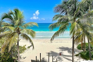 A beach with palm trees and a clear view of the ocean. - Apto 4B Flamenco Beachfront Villas with Ocean View (Flamenco)