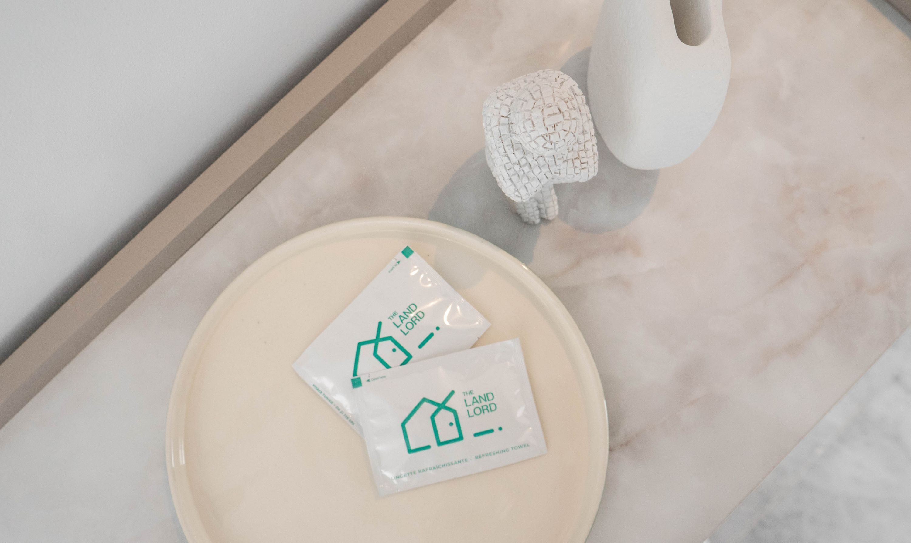 A bathroom with a beige sink, a white towel, and two packages labeled 'The Land Lord' on a beige tray.