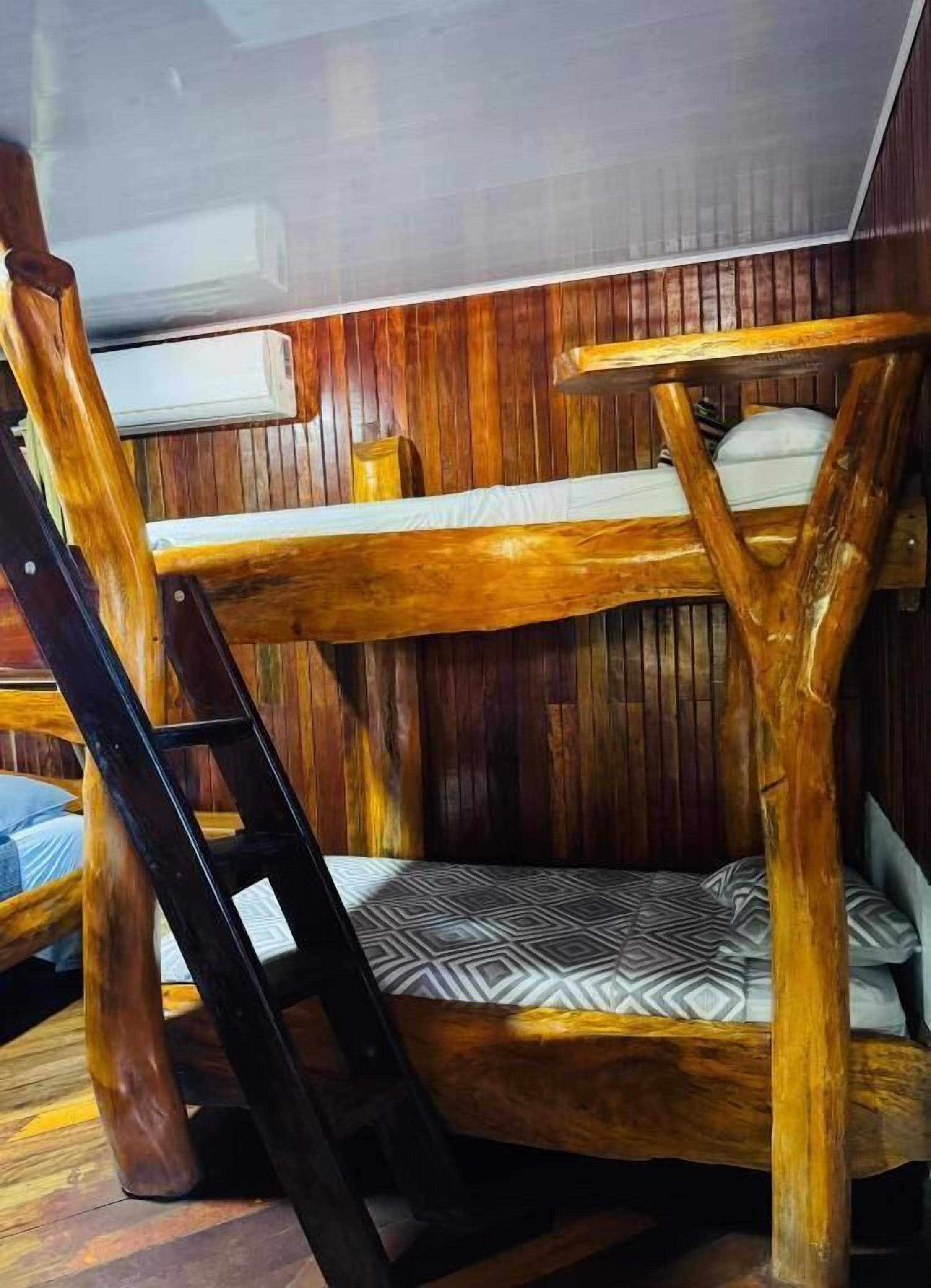 Una cama litera con escalera, paredes de madera y una colcha estampada.