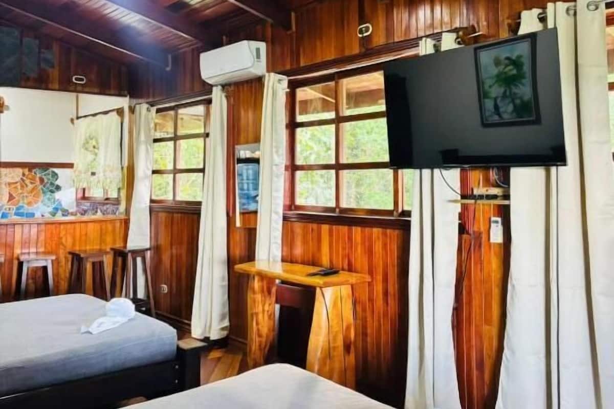 Una habitación de madera con dos camas, televisión y ventana con cortinas.