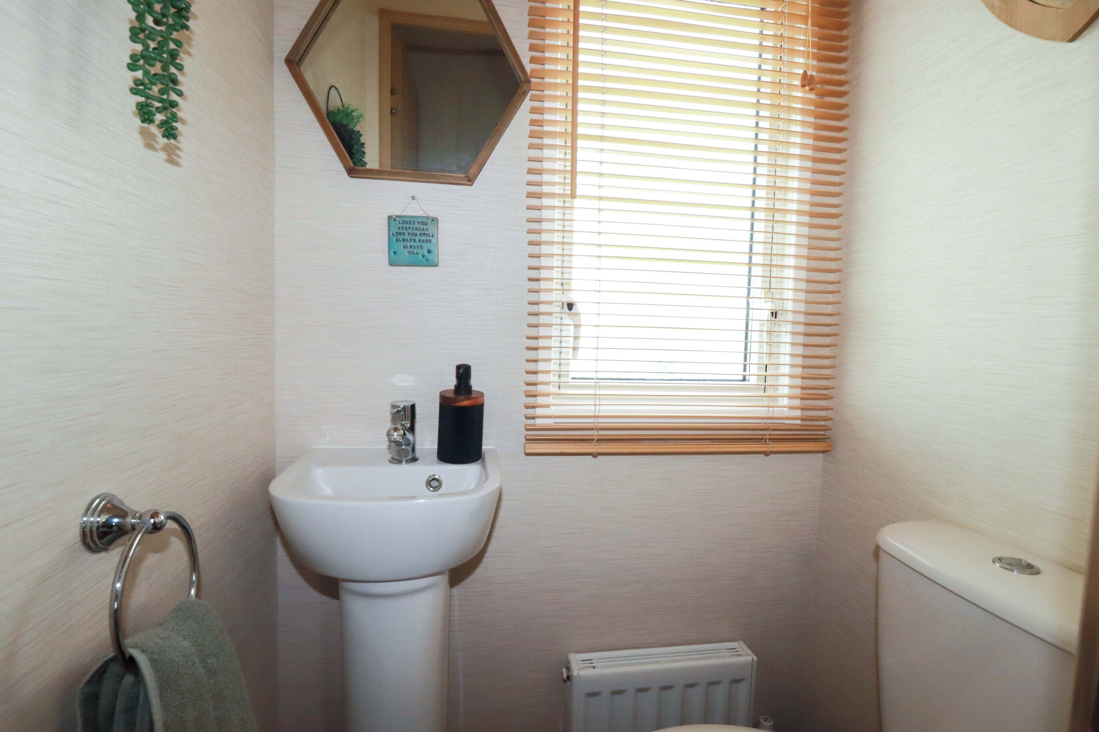A bathroom with a sink, a mirror, a window with blinds, a radiator, and a towel rack.