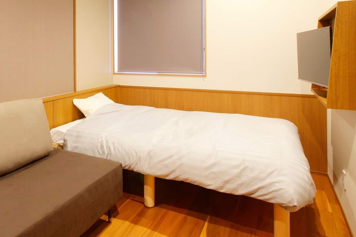 A small room with a single bed, a sofa, a wooden wardrobe, and a television.