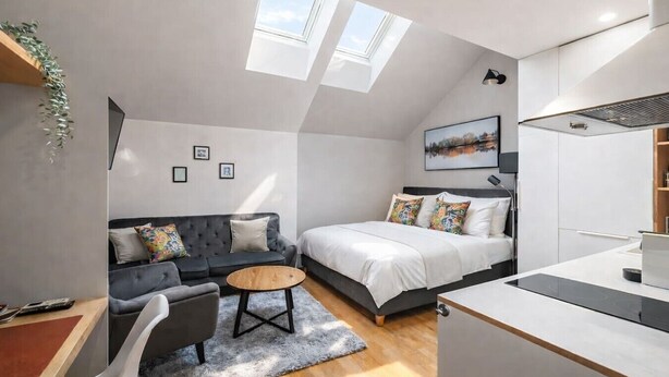 Une chambre de style loft moderne, dotée d’une lucarne, d’un canapé, d’un lit, d’une petite table et d’un coin cuisine.