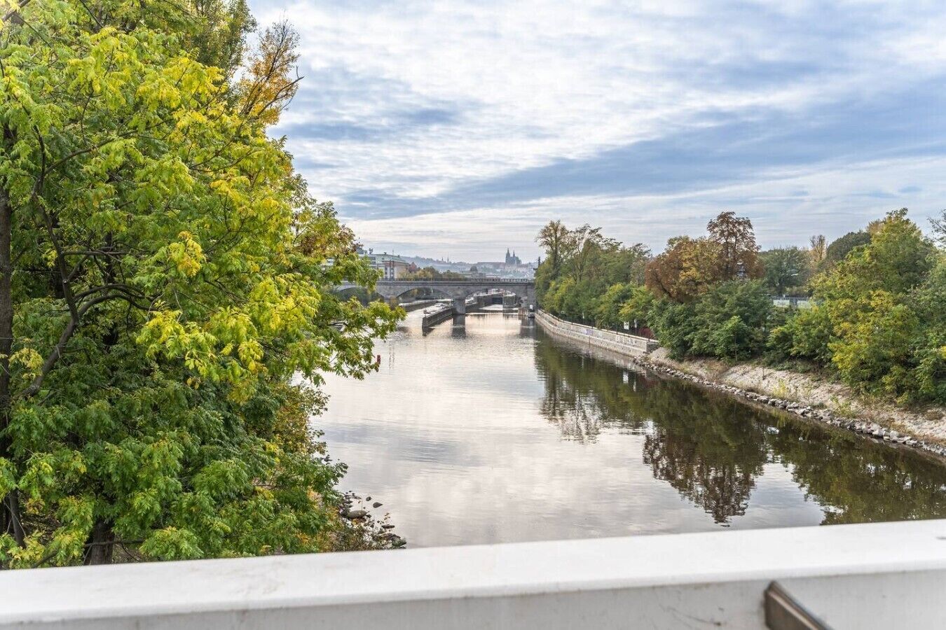Une rivière traversée par un pont, bordée d’arbres, avec une vue sur la ville au loin.