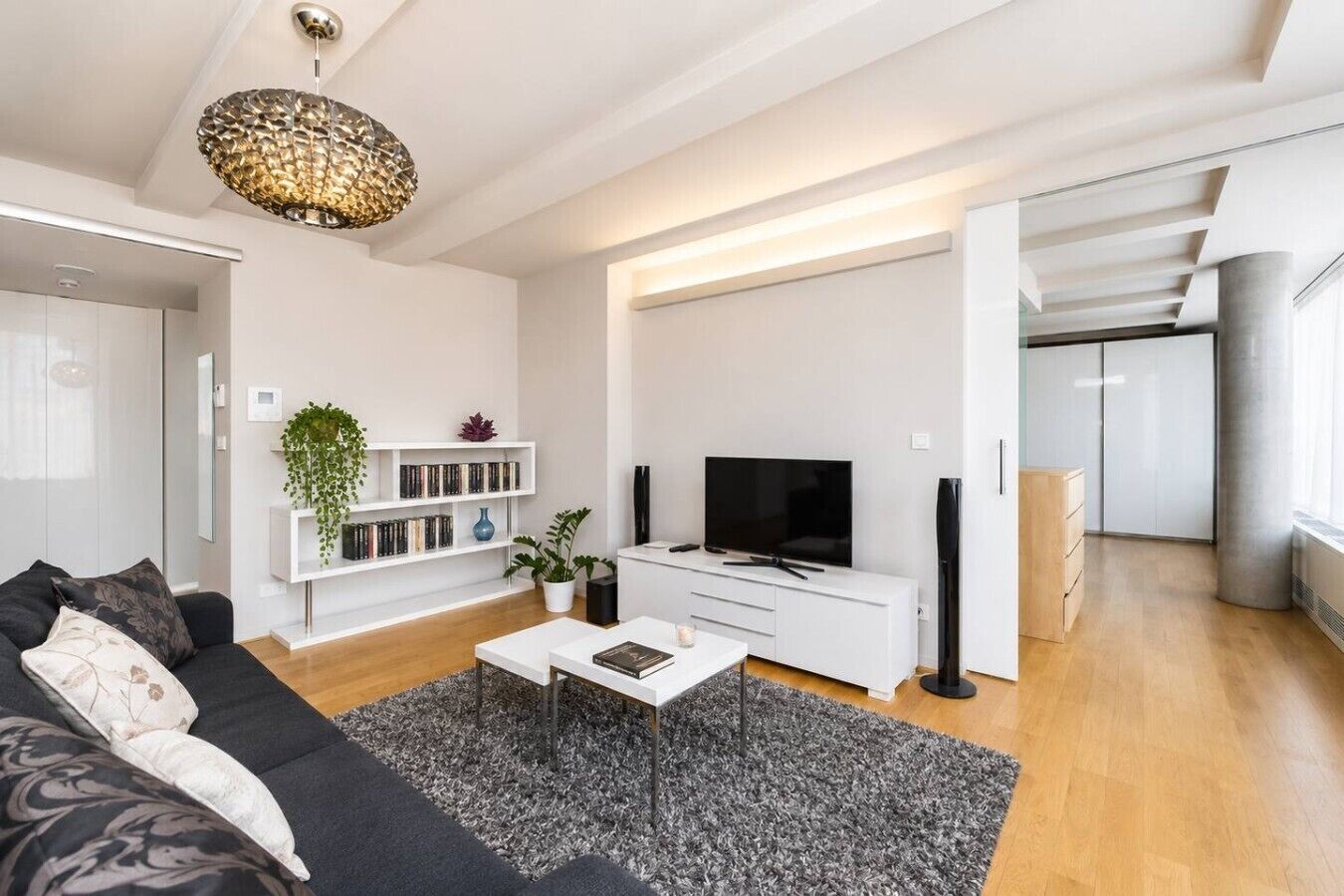 Een moderne woonkamer met een bank, salontafel, televisie, boekenkast en een opvallende plafondlamp.