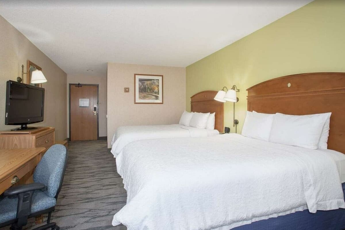 A hotel room with two beds, a desk with a television, and a chair.