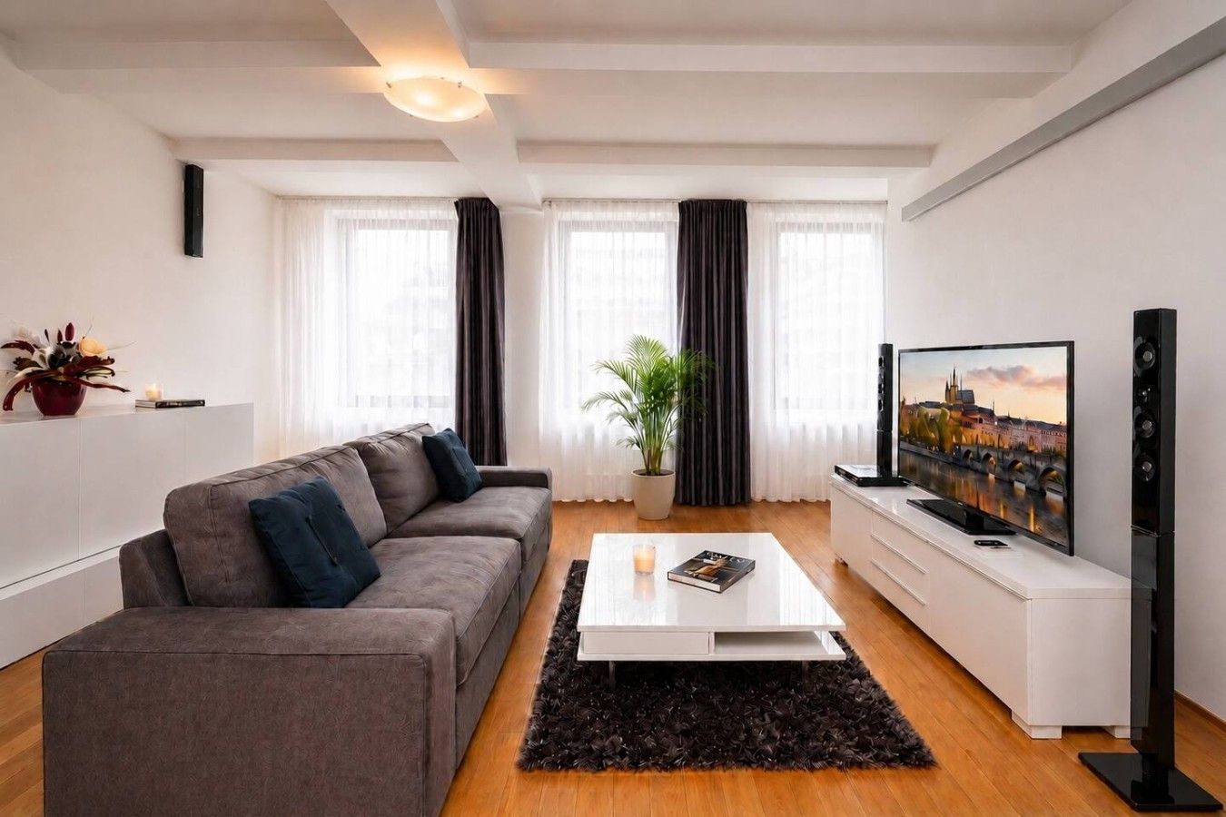 A modern living room with a grey sofa, a coffee table, a TV, and a white cabinet.