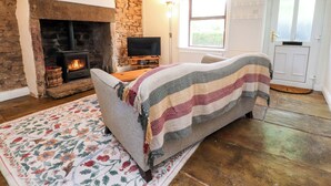 A cozy living room with a fireplace, a television, a sofa, and a patterned rug. - 6 Hazel Moor (Blackburn)