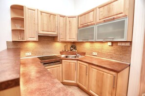 A modern kitchen with wooden cabinets, a stainless steel sink, and a built-in oven. - Classic Luxury in the Old Town (Prague 1)