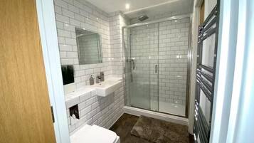 Shower, hair dryer, towels