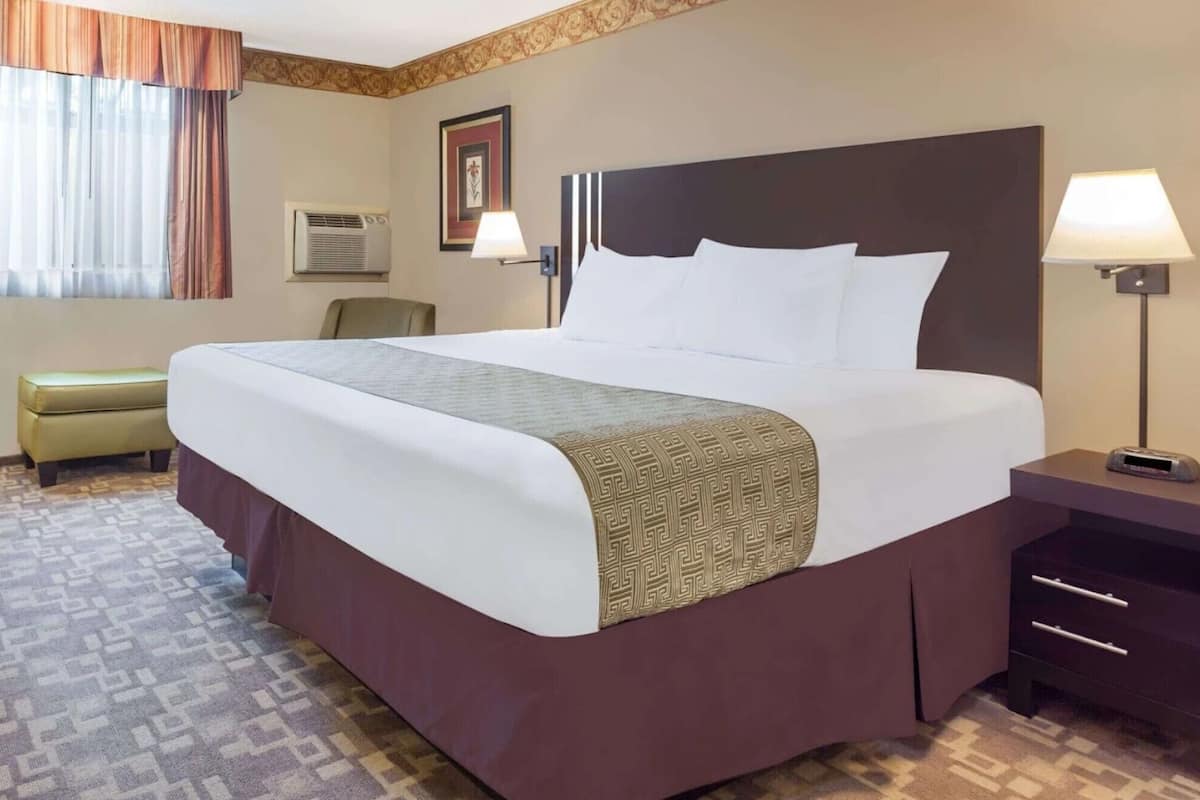 A hotel room with a large bed, a bedside table with a lamp, a chair, a small table, and a wall-mounted air conditioner.