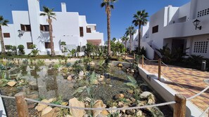 Un patio con fuente de agua, palmeras y edificios blancos.