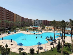 Une grande piscine avec plusieurs couloirs de nage, entourée de palmiers et de chaises longues.