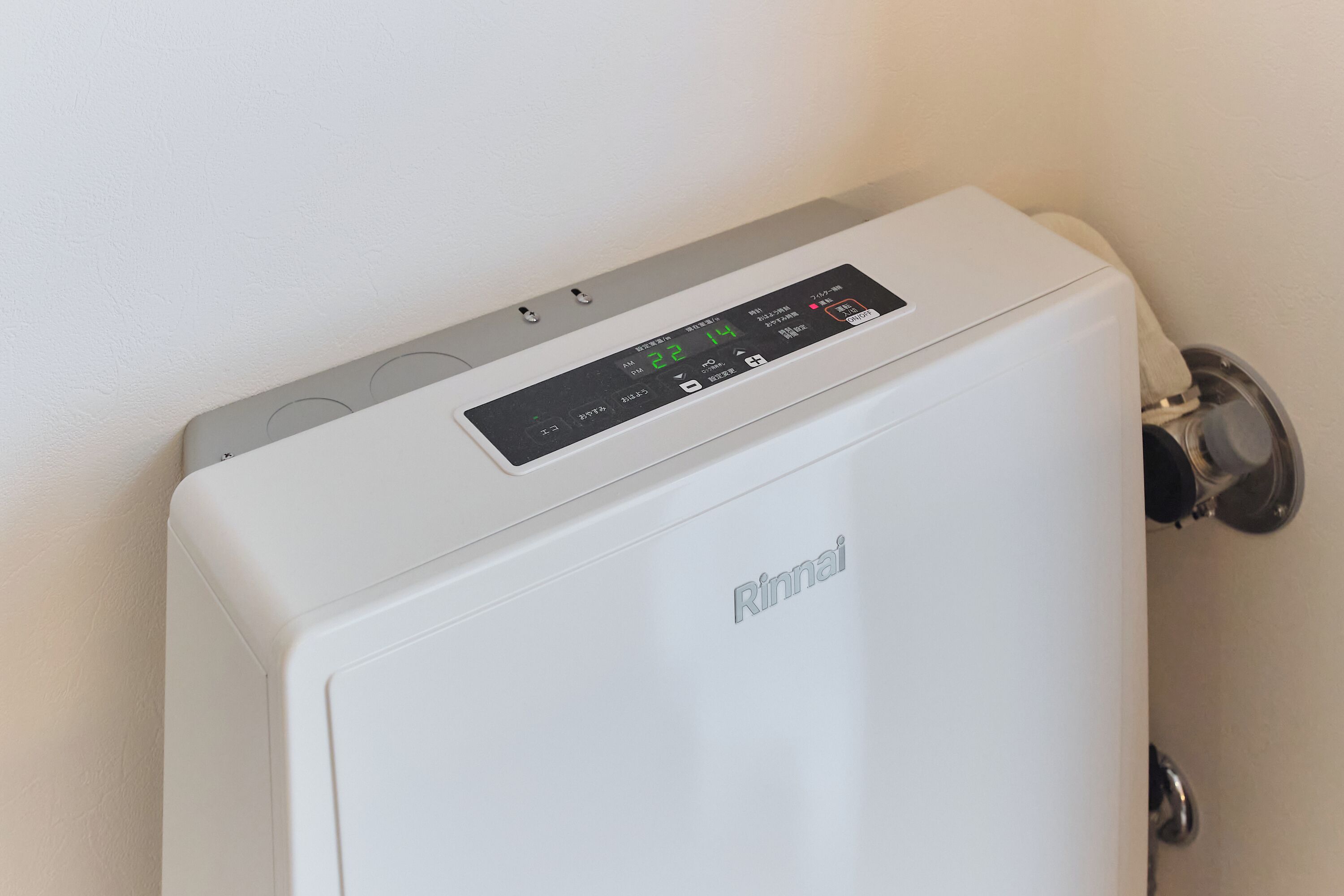A white Rinnai water heater with a digital display, a control panel, and a silver valve.