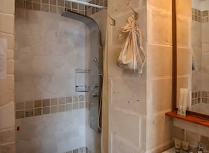 Shower, hair dryer, towels