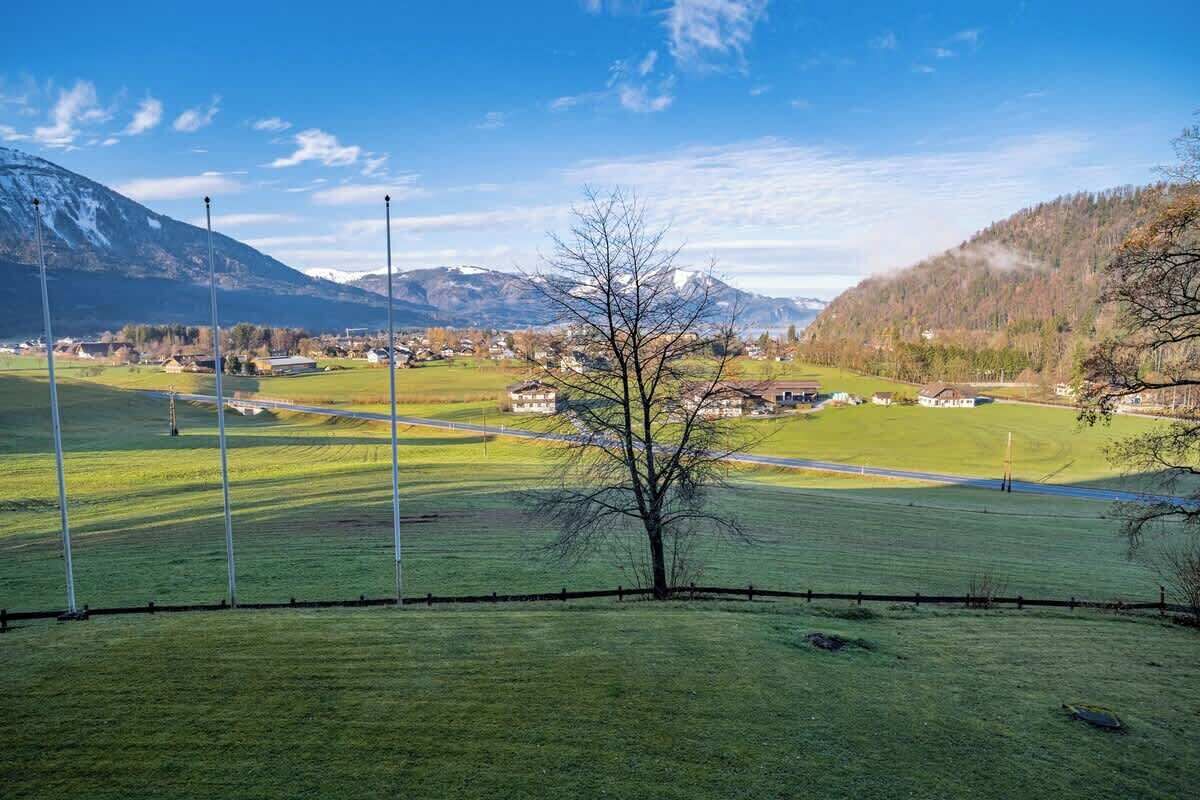 A rural landscape with a clear sky, a single tree in the foreground, and a distant village with houses and mountains.