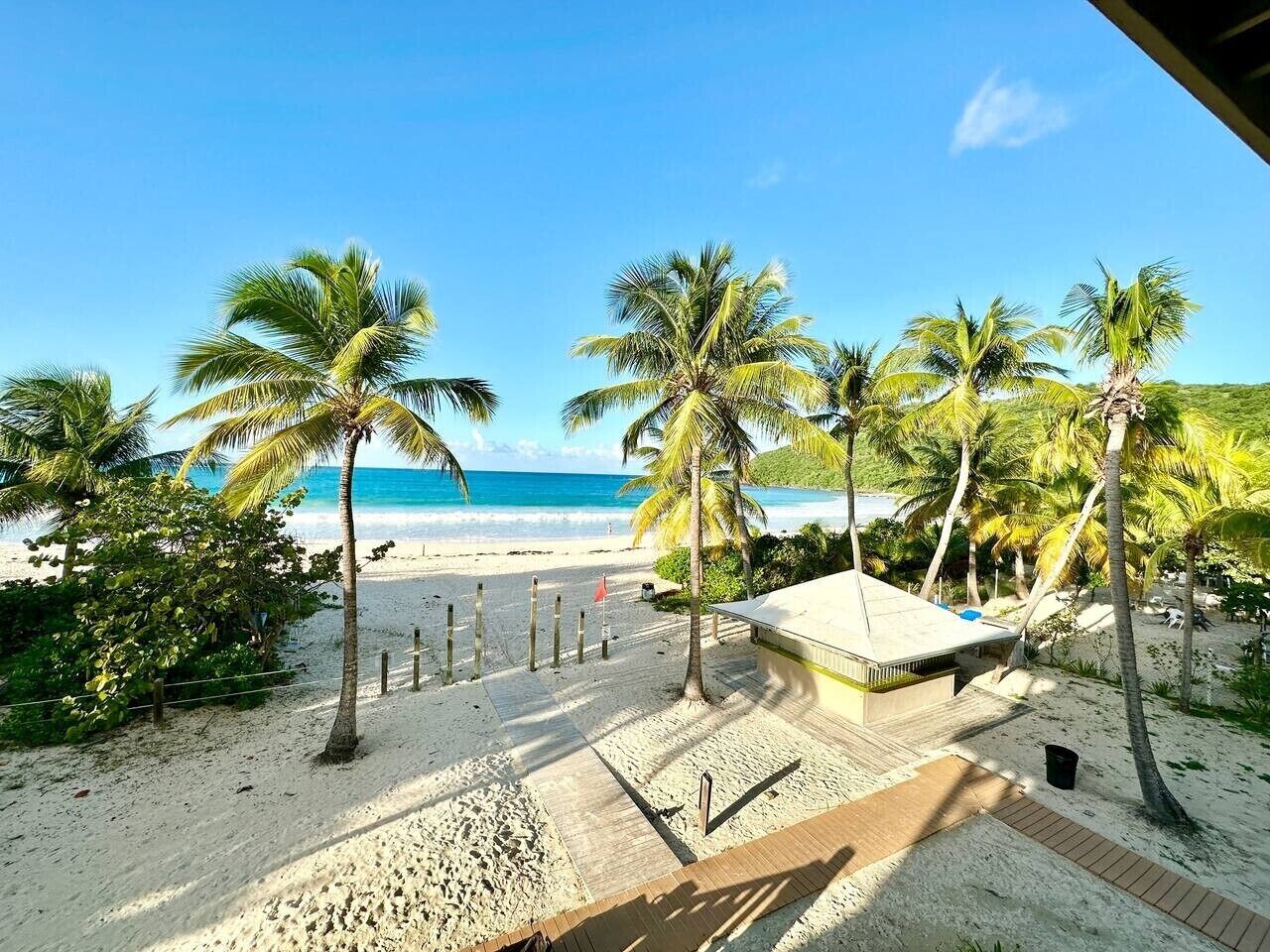 Vista de playa con palmeras, un sendero de arena y un edificio con techo inclinado.