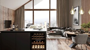 Interior moderno com uma janela grande, área de refeições, sofá e resfriador de vinhos.