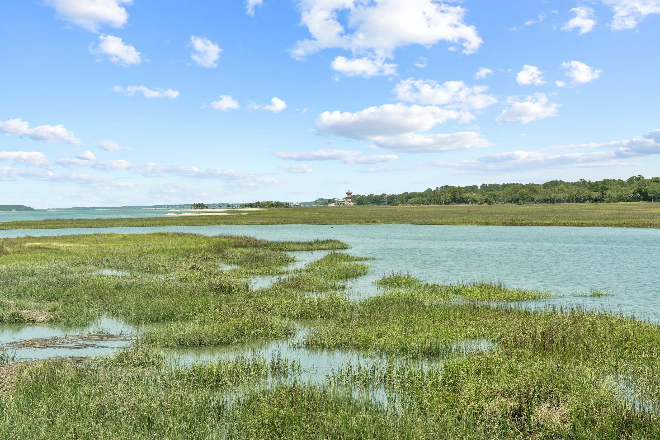 A coastal landscape with water, grass, and a distant structure.